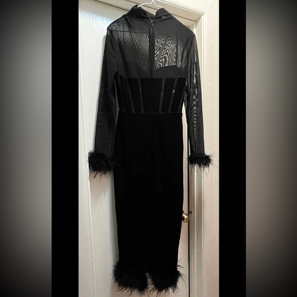 House of CB Lianna Velvet Mesh Feather Black Midi Cocktail Dress - Picture 5 of 8